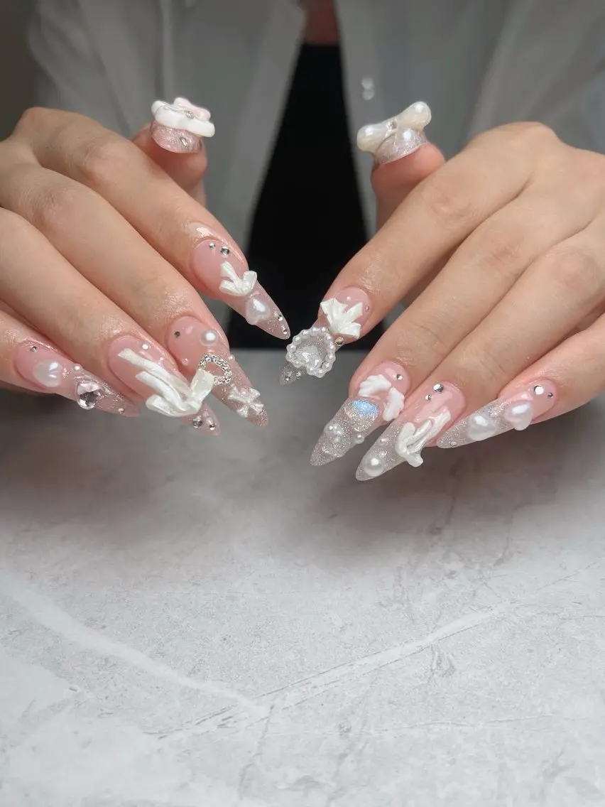 ネイル ガーリー ハート 韓国ネイル ニュアンスネイル リボン Sora nail 長さ出し専門店のネイルデザイン