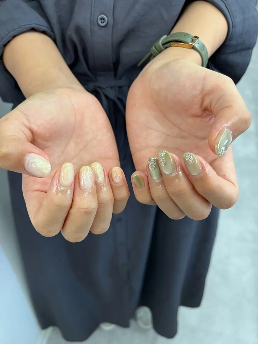 ネイル ジェルネイル グリーン 氷ネイル・うるうるネイル 韓国ネイル マグネットネイル ハンドネイル ハンドケア Bana_ Nailのネイルデザイン