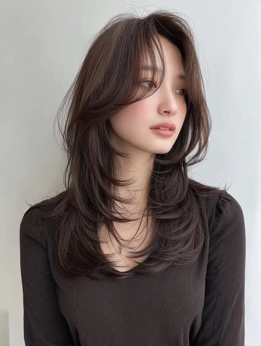 ロング カラー ブラウンカラー モカブラウン 韓国風ヘア レイヤーカット Wカラー/アレンジ/ ブリーチ無しWカラーのヘアスタイル