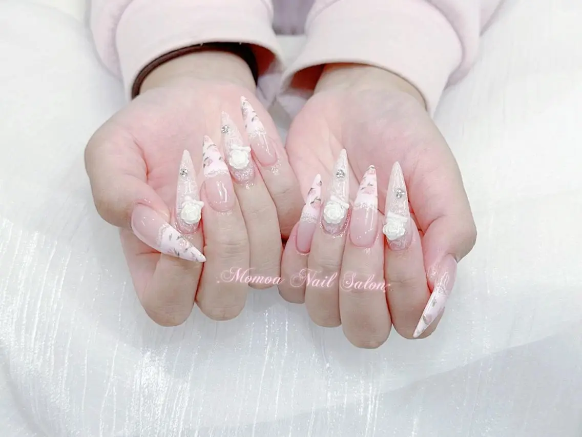 ネイル 成人式 大理石ネイル(マーブル) リボン 夏ネイル ネイルチップ ハンドネイル MoMoA Nail ネイル長さ出し専門店のネイルデザイン