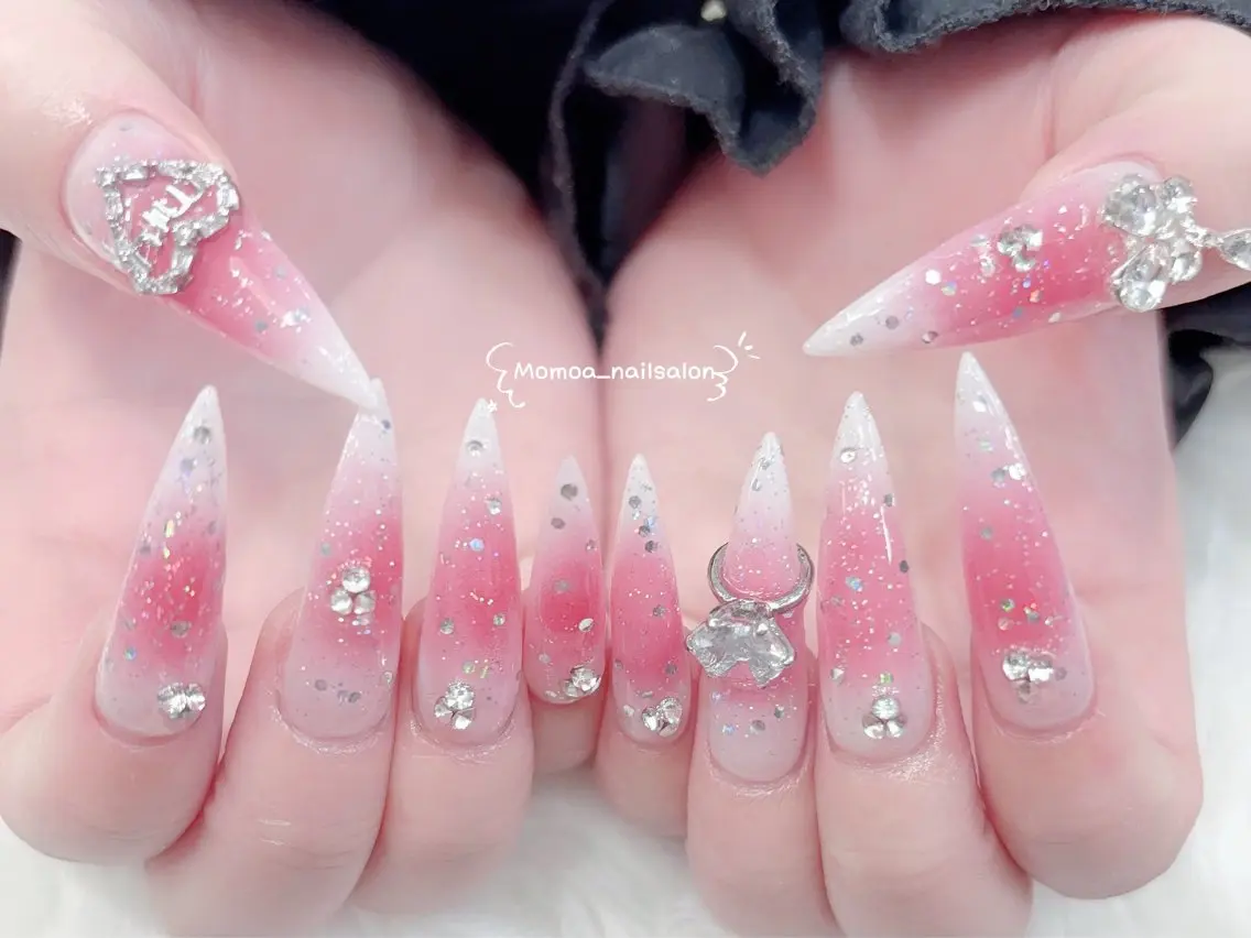 ネイル 成人式 大理石ネイル(マーブル) リボン 夏ネイル ネイルチップ ハンドネイル MoMoA Nail ネイル長さ出し専門店のネイルデザイン