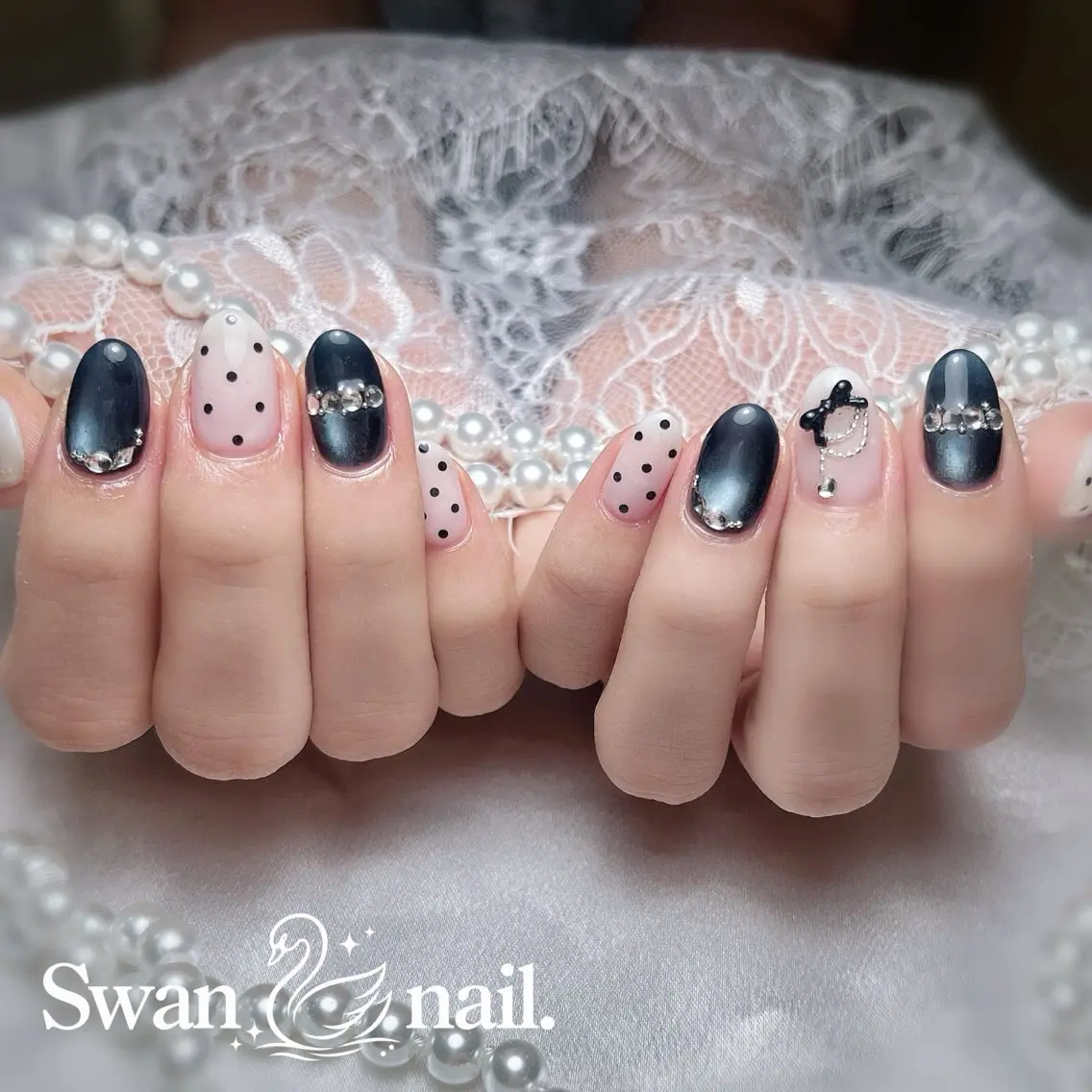 ネイル ガーリー 韓国ネイル リボン ワンホンネイル ハンドネイル Swan Nailのネイルデザイン