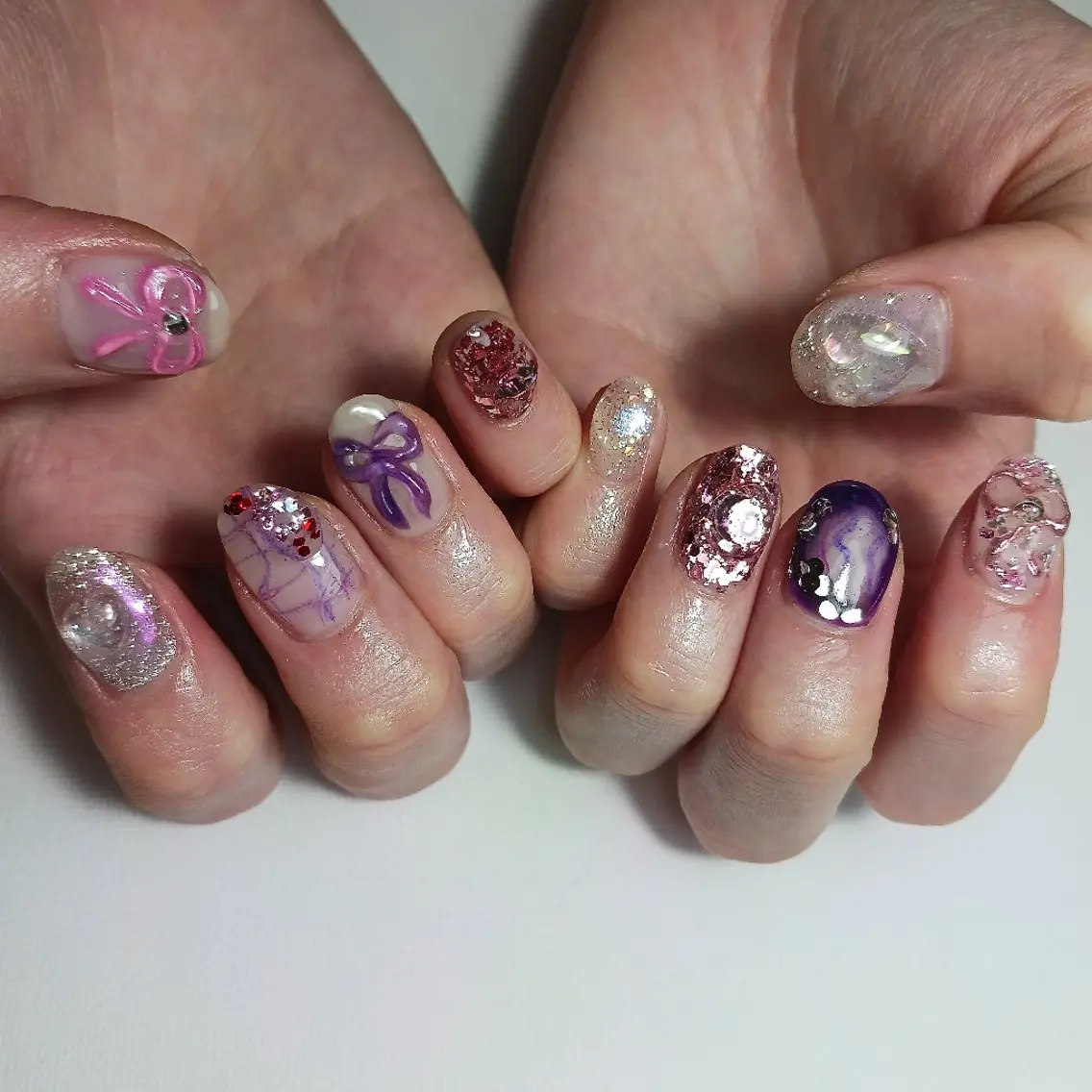 ネイル ジェルネイル 持ち込み ピンク リボン ショートネイル ハンドネイル owlnail /持込みデザイン専門のネイルデザイン