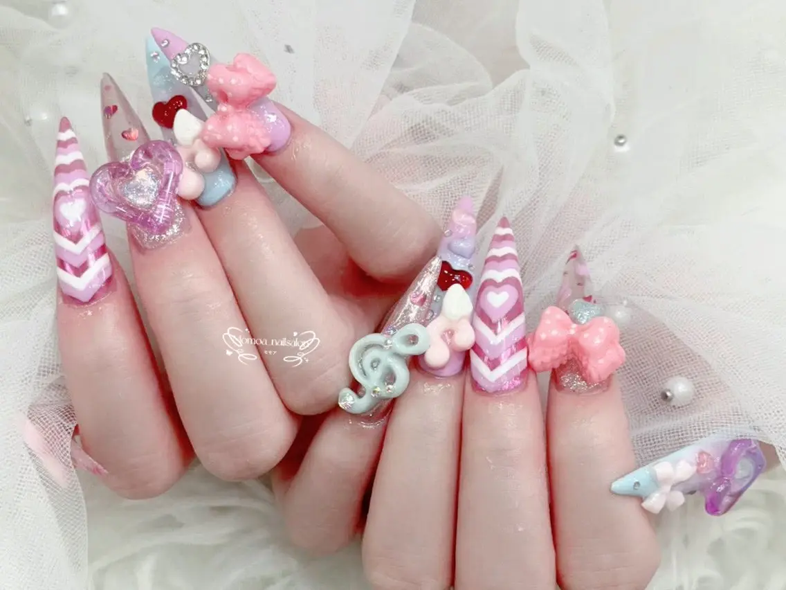 ネイル 成人式 大理石ネイル(マーブル) リボン 夏ネイル ネイルチップ ハンドネイル MoMoA Nail ネイル長さ出し専門店のネイルデザイン