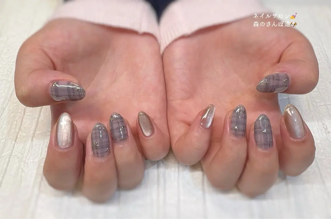 ネイル ハンドネイル ショートネイル 森のさんぽ道のネイルデザイン
