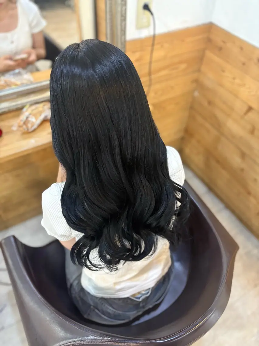 ロング カラー 黒髪 ブルーカラー ブルーブラック 透明感カラー 大阪梅田/ CHISAKI🎀のヘアスタイル