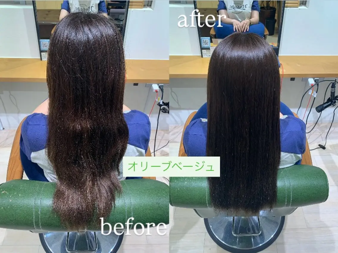 ロング カラー ベージュカラー オリーブベージュ オレンジ 髪質改善パラッチ MIKAのヘアスタイル