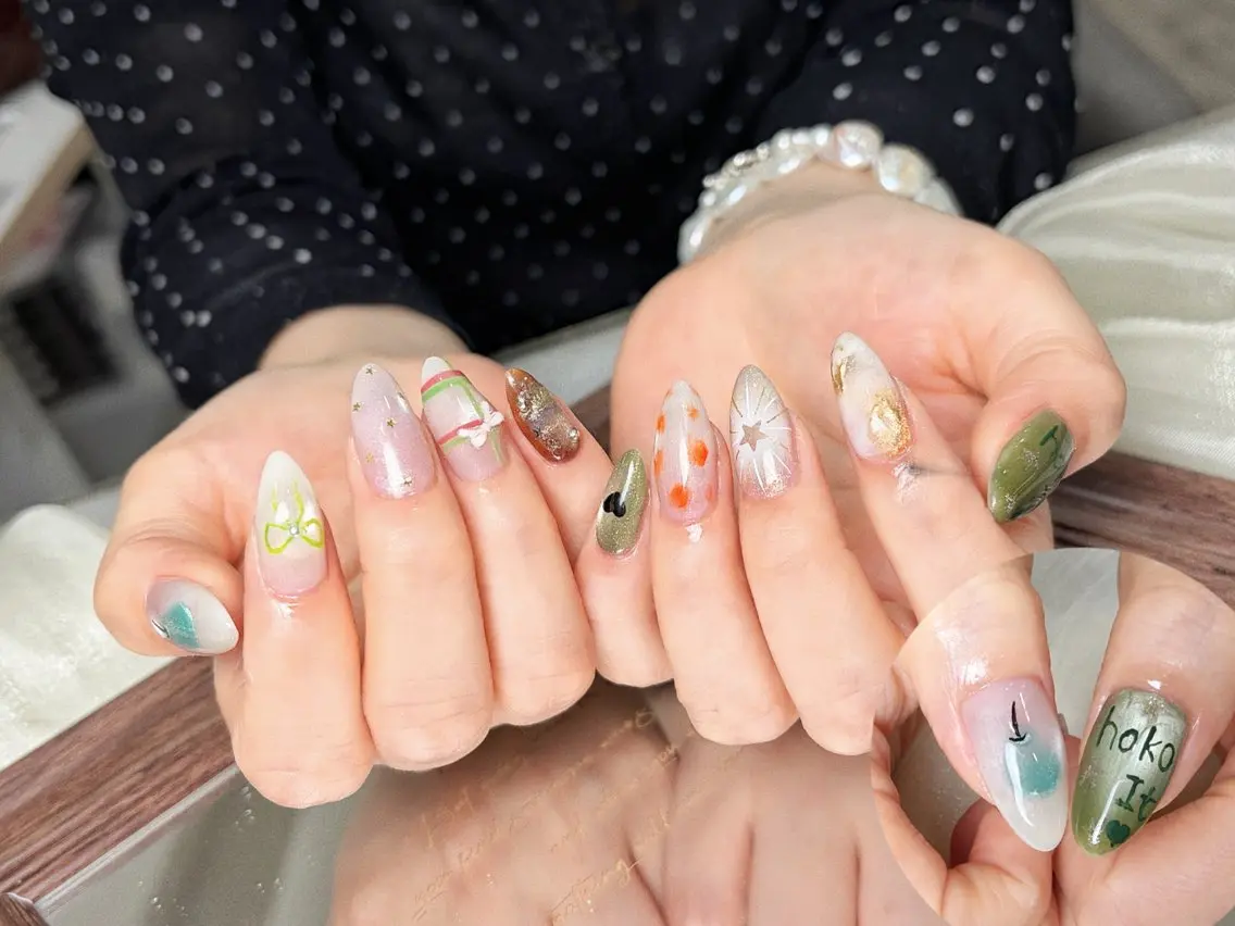 ネイル アートネイル ハート ニュアンスネイル リボン 夏ネイル ハンドネイル ハンドケア 池袋Di moのネイルデザイン