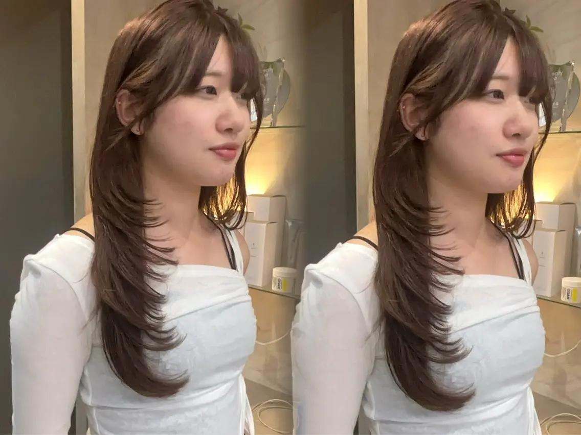ロング 顔周りカット 韓国風ヘア レイヤーカット 小顔カット カット ヘアカラー トリートメント 顔まわりレイヤー/諒 オリーブカラー/天神のヘアスタイル