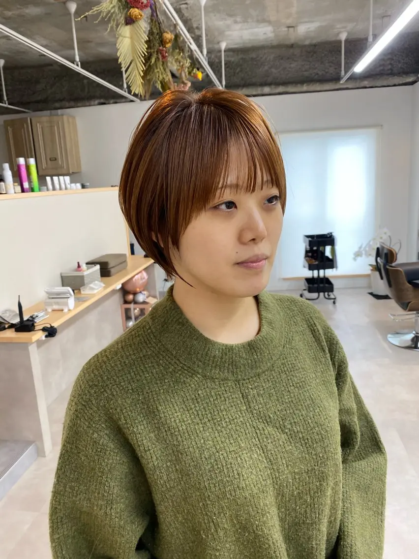 ショート カラー ショートボブ 丸みショート ベージュカラー オレンジ オレンジベージュ 当日予約🆗ショート /ハイライト/松本のヘアスタイル