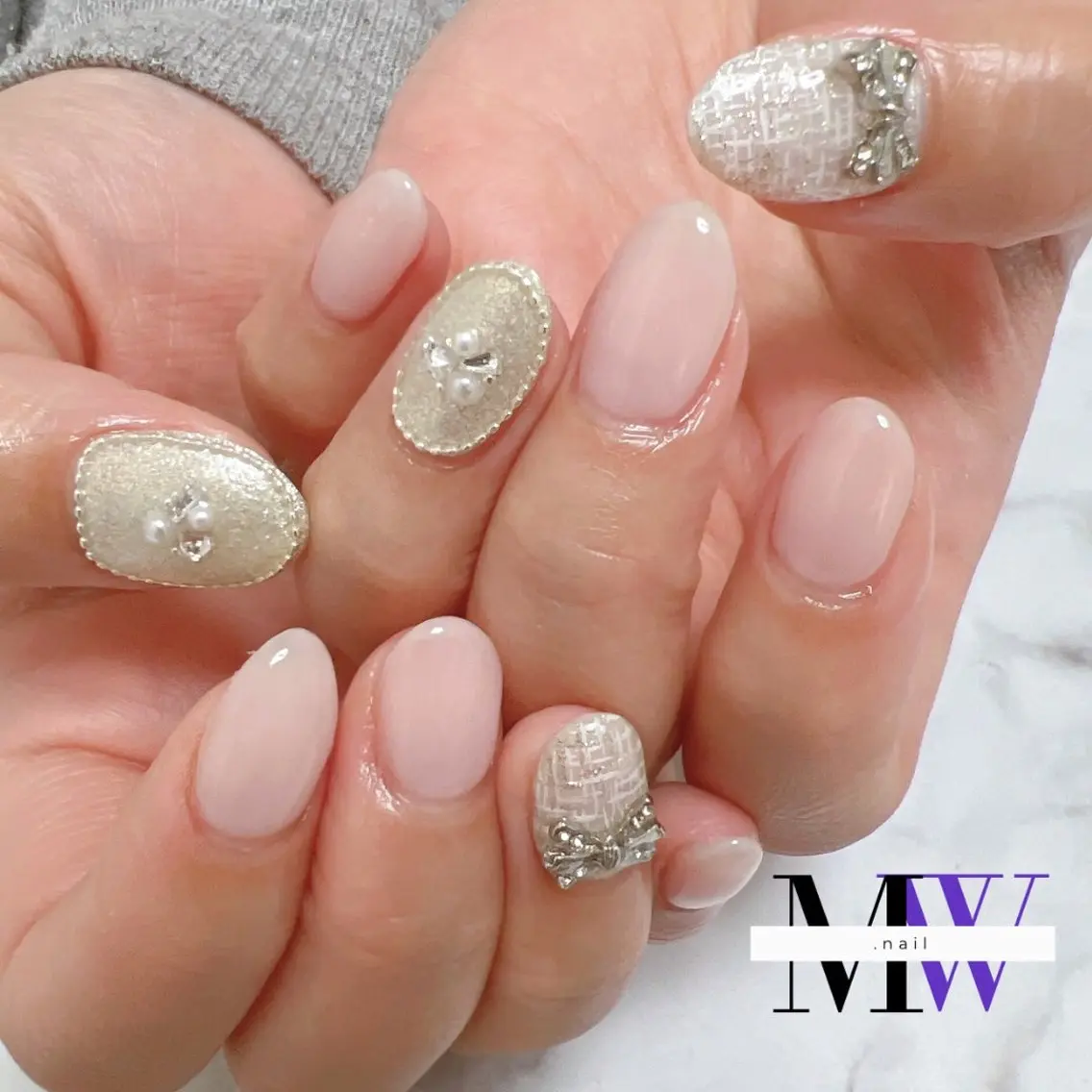 ネイル リボン ツイードネイル ハンドネイル MW .nailのネイルデザイン