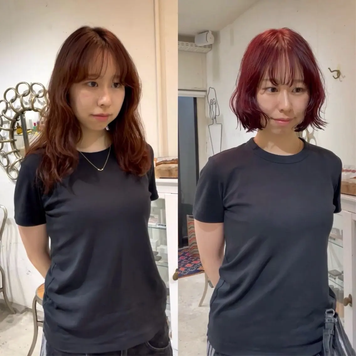 ミディアム カラー パーマ ミディアムパーマ ボルドーカラー ボブ ラフボブ／艶カラー ／表参道／remiのヘアスタイル
