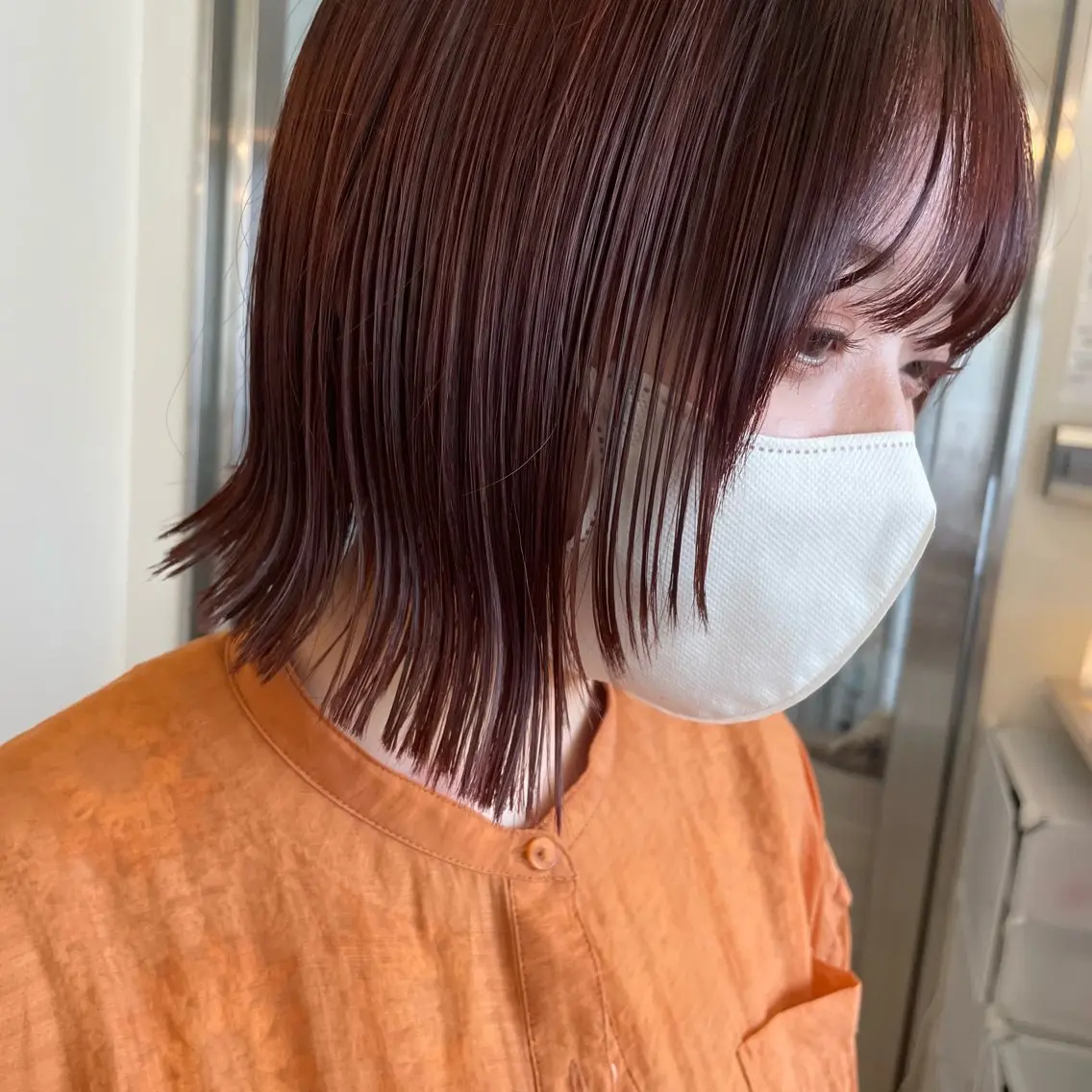 ショート カラー オレンジピンク ボブ 顔周りカット レイヤーカット ウルフカット ボブウルフ／ボブ Satsuki【名駅のヘアスタイル