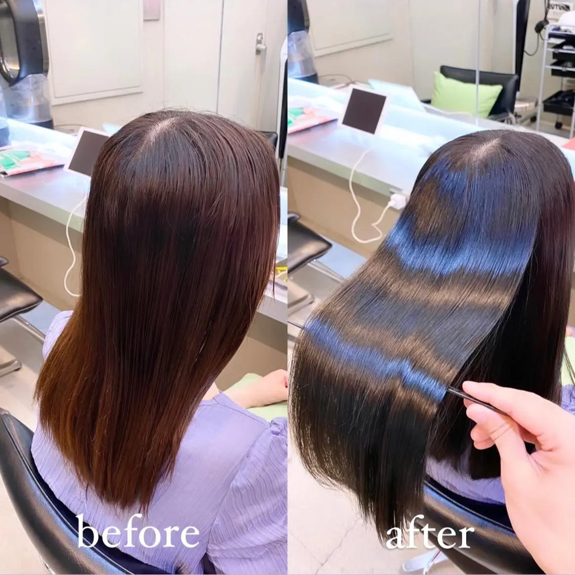セミロング カラー パーマ 黒髪 ブリーチ ブルーカラー ブルーブラック 透明感カラー カット ヘアカラー 縮毛矯正 艶髪と透明感を ‼️/若林のヘアスタイル
