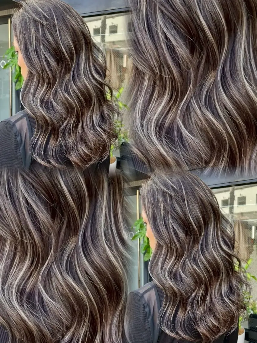 ロング カラー ミストバング ベージュカラー ブリーチ ケアブリーチ デザインカラー カット ヘアカラー トリートメント 表参道/ハイライト バレイヤージュのヘアスタイル