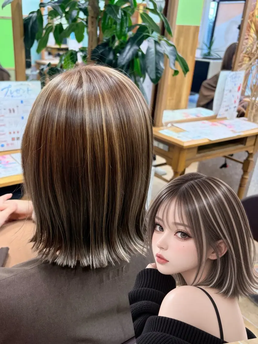 ミディアム ボブ ハイライト ヘアカラー 艶カラー/髪質改善/ 韓国レイヤー/ふうかのヘアスタイル