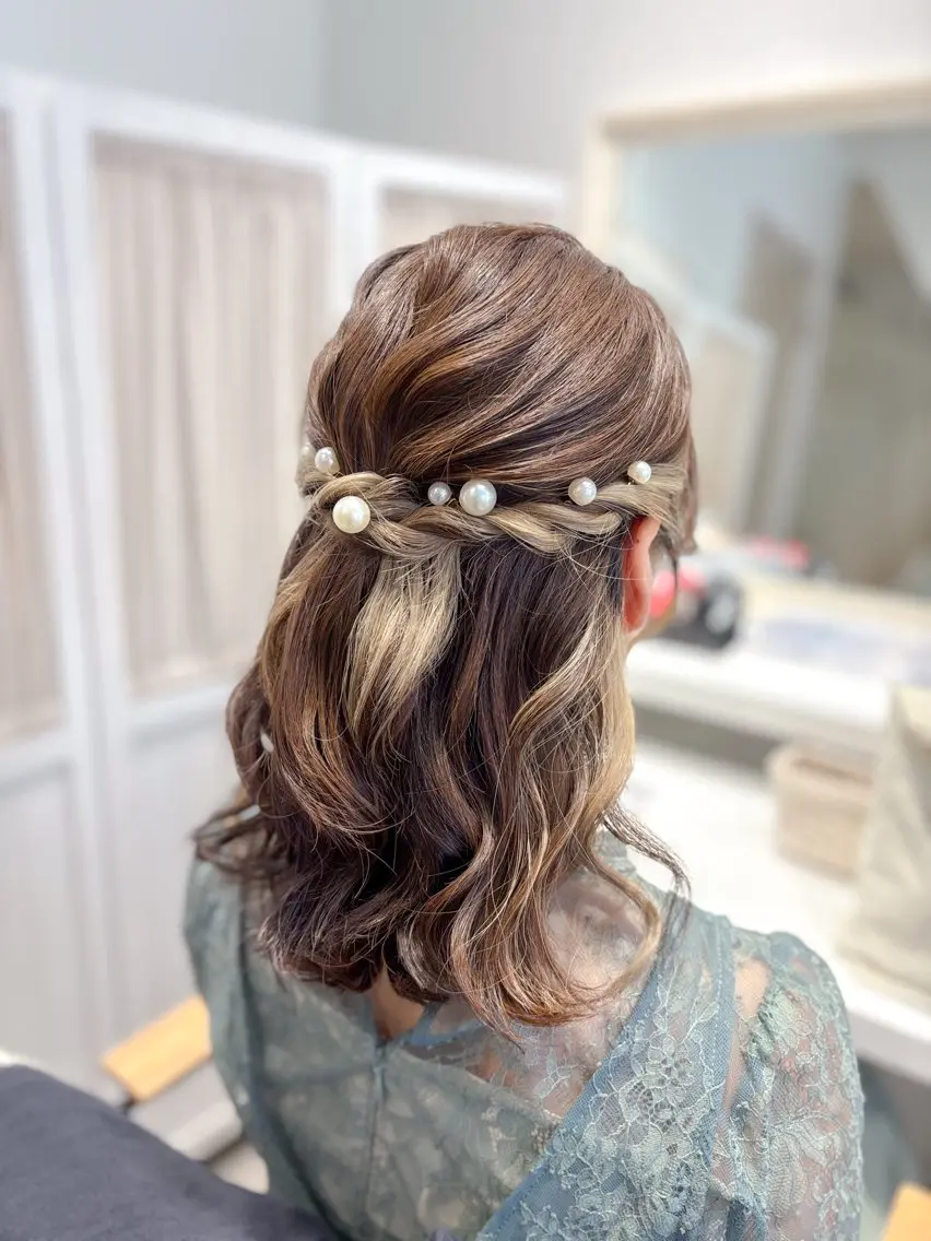 ミディアム ヘアアレンジ ハーフアップ ボブ 伸ばしかけ ヘアセット ⭐︎moe 【ヘアセット🧸】のヘアスタイル