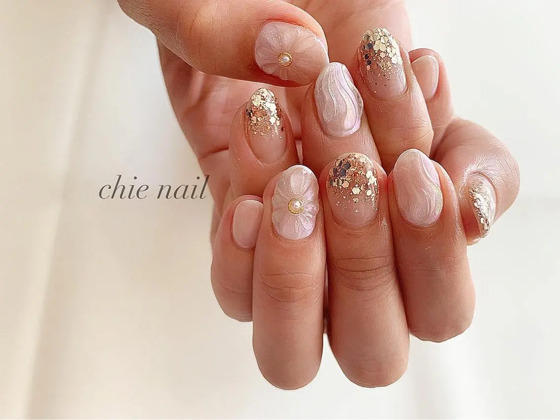 ネイル アートネイル オーロラネイル クリアネイル フラワーネイル ショートネイル 森ノ宮❤︎ chieのネイルデザイン