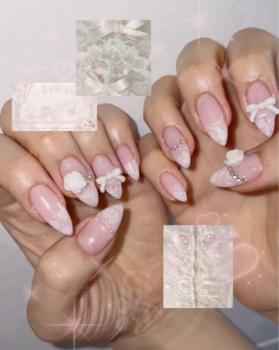 ネイル ガーリー ハート 韓国ネイル ニュアンスネイル リボン Sora nail 長さ出し専門店のネイルデザイン