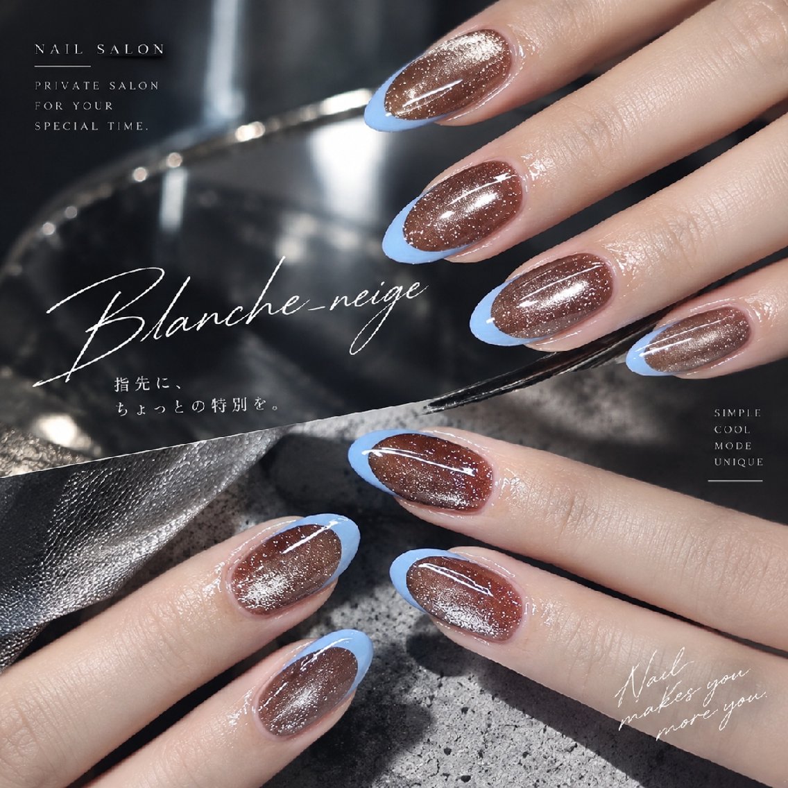 ネイル ブラウン フレンチネイル 水色 マグネットネイル ★Blanche ☆neige★のネイルデザイン
