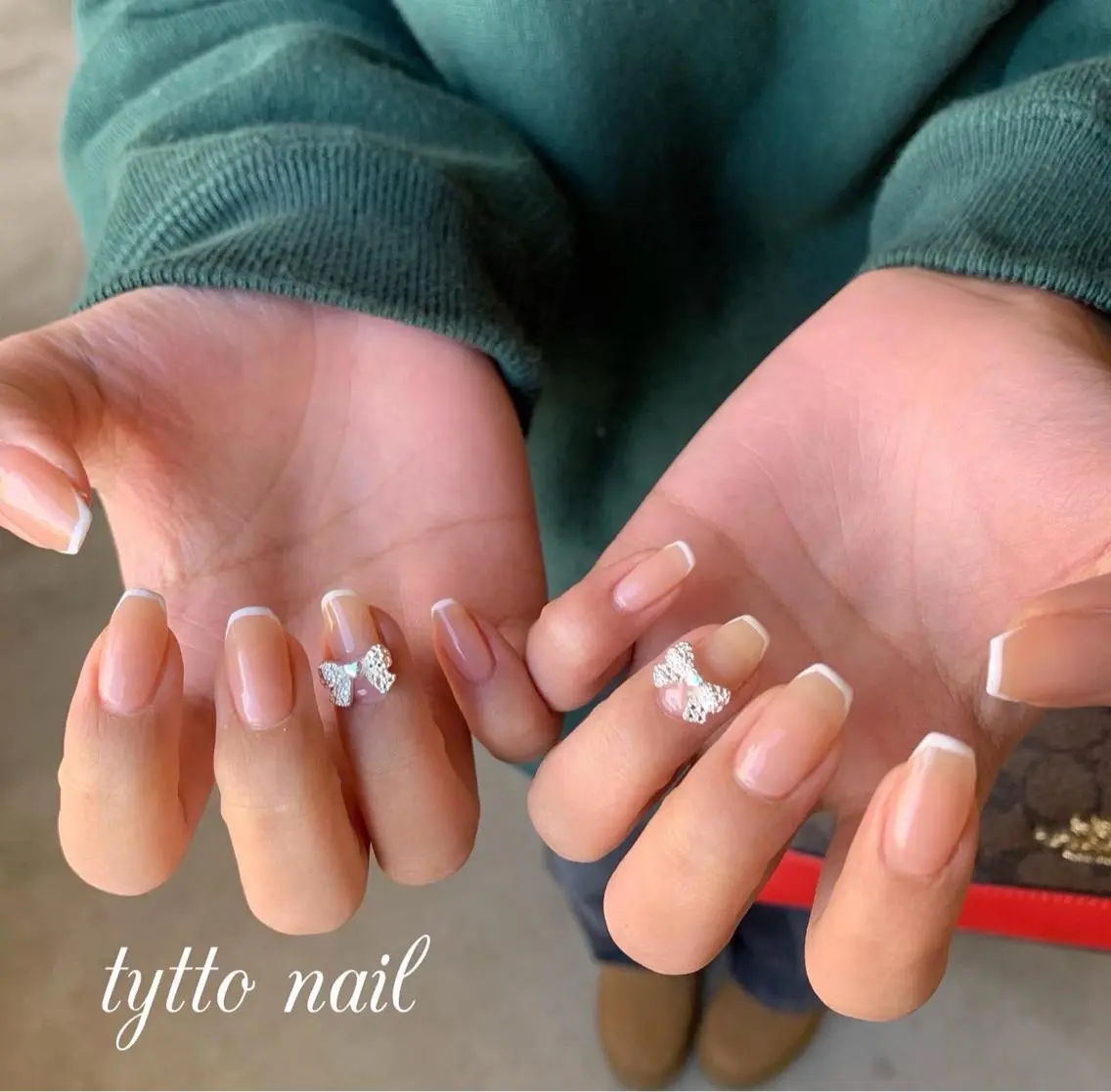 ネイル フレンチネイル ガーリー 韓国ネイル オフィスネイル リボン ハンドネイル tytto nail ❤︎‪‪eri‪‪のネイルデザイン
