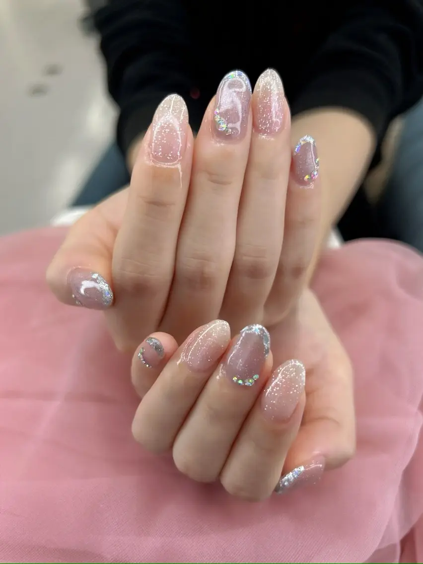 ネイル カジュアル フラッシュネイル フレンチネイル ガラスフレンチ マグネットネイル ❀pom nail❀ aya.のネイルデザイン