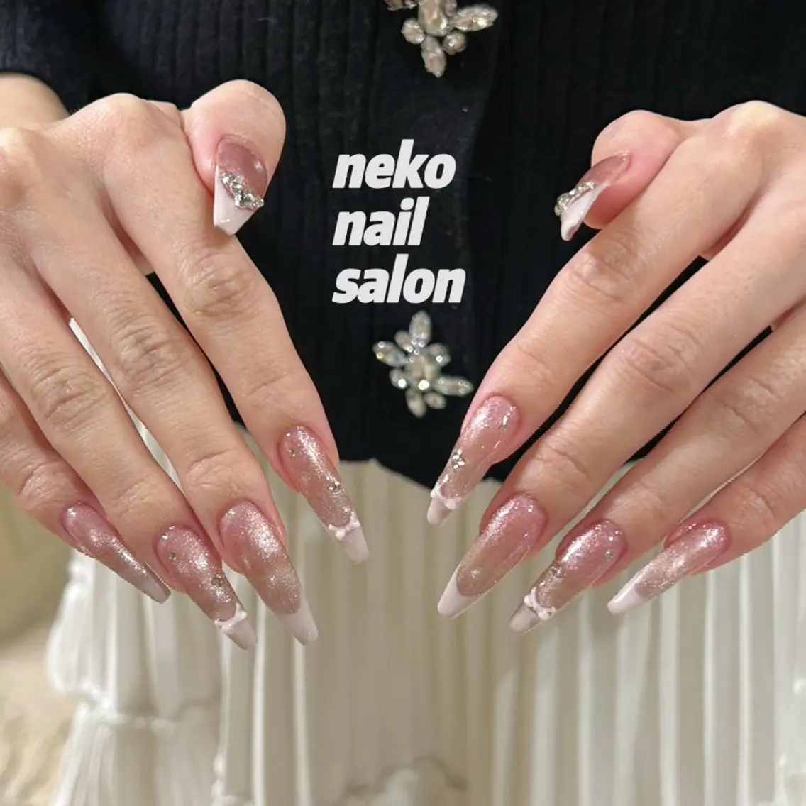 ネイル フレンチネイル ロングネイル ピンク リボン ハンドネイル neko nailのネイルデザイン