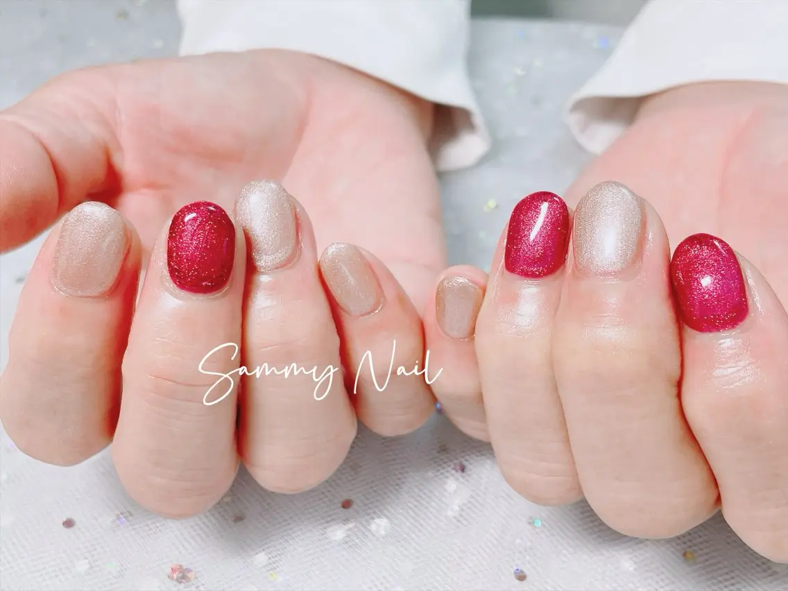 ネイル ボルドー ゴールド ラメ(グリッター) ワンカラーネイル ハンドネイル Sammy Nailのネイルデザイン