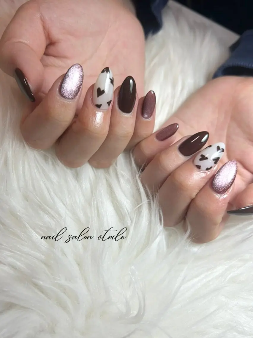 ネイル ブラウン ハート マグネットネイル ハンドネイル nail salon étoileのネイルデザイン