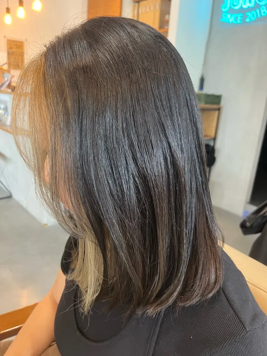 ミディアム ミストバング カット ヘアカラー 阪神西宮★JUNO 川﨑温子のヘアスタイル