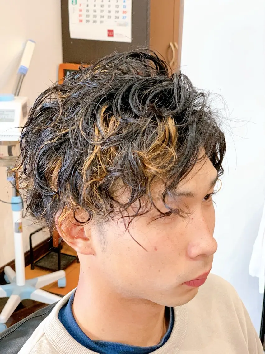ショート カラー パーマ メンズ メンズハイライト メンズパーマ 黒髪 ハイライトカラー ハイライト 早川 太貴のヘアスタイル