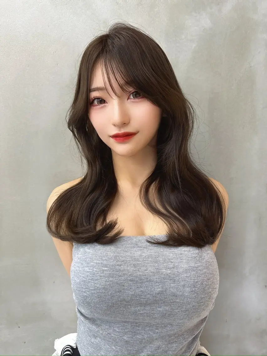 ロング くびれヘア 韓国風ヘア サイドバング 小顔カット カット ヘアカラー MASHU韓国ヘア/ レイヤー/透明感カラのヘアスタイル