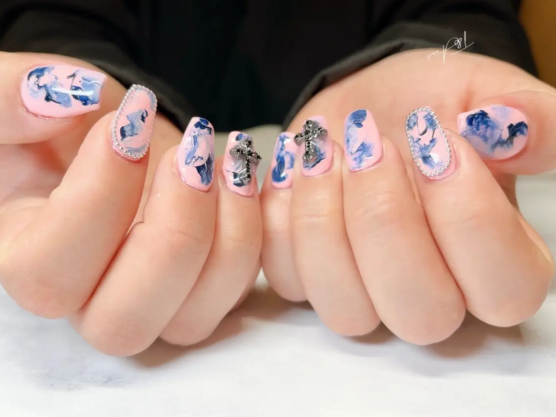 ネイル ブルー 長さ出し ジェルネイル ニュアンスネイル ピンク T&A nailのネイルデザイン