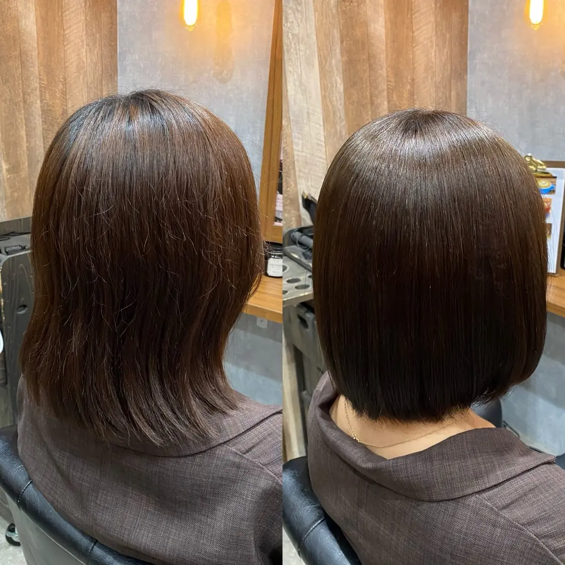 ミディアム カラー パーマ オリーブカラー ボブ 縮毛矯正 今枝莉菜 上品なツヤカラーのヘアスタイル