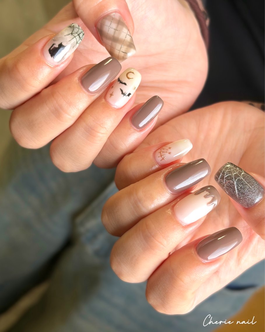 ネイル ブラウン ジェルネイル ハロウィン ハンドネイル Cherienail yunaのネイルデザイン