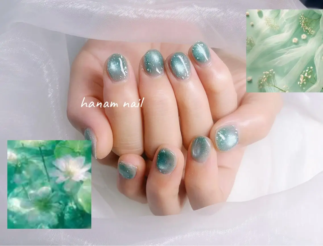 ネイル キラキラネイル マグネットネイル ハンドネイル hanam nail 🌿🩵ハナムネイルのネイルデザイン