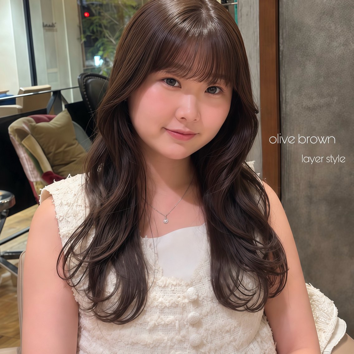 ロング カラー ブラウンカラー 透明感カラー オリーブブラウン オリーブカラー 顔周りカット カット ヘアカラー 顔周りレイヤー/透明 感カラー/村上陽菜乃のヘアスタイル