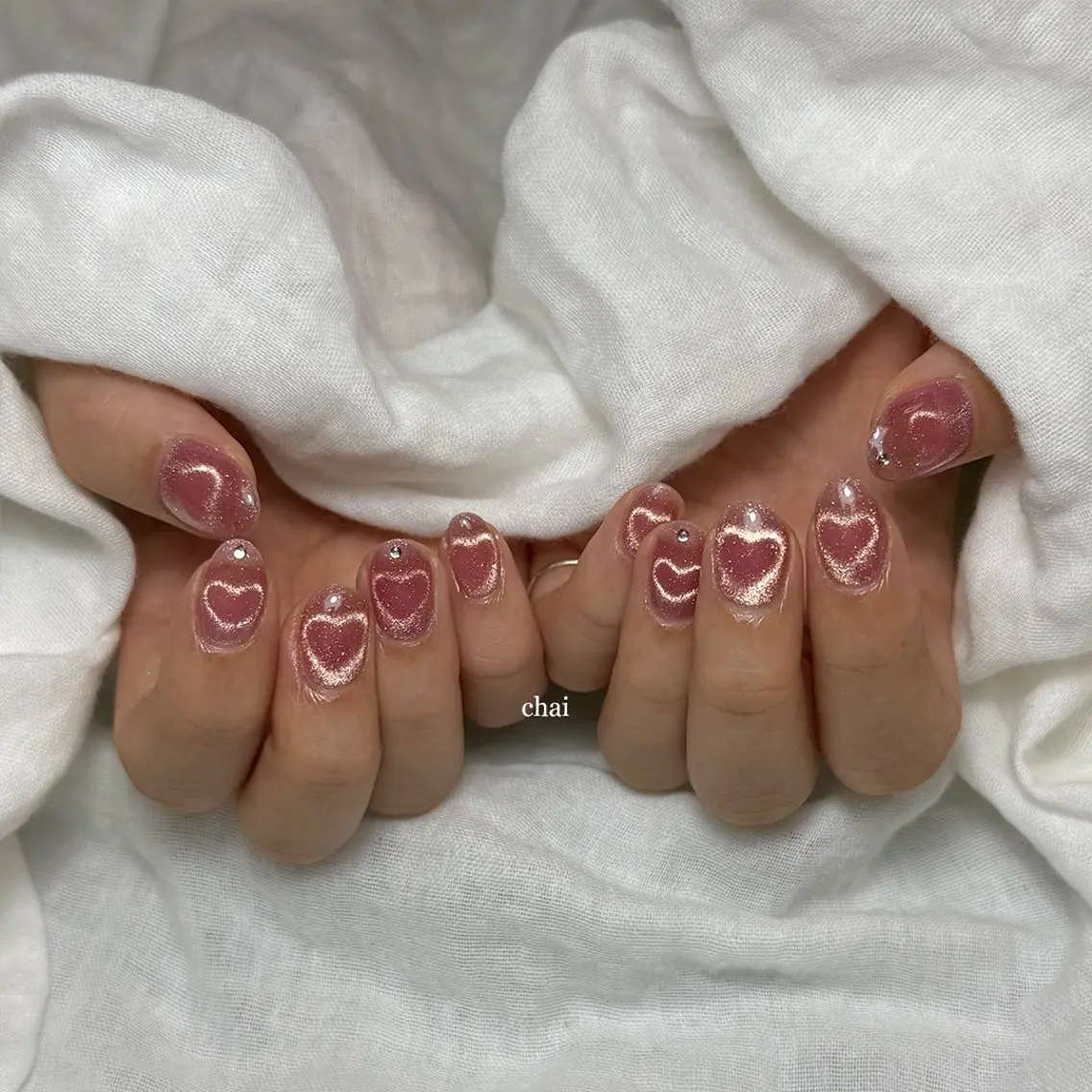 ネイル ハート マグネットネイル ピンク ハンドネイル chai nail + eye📍鶴橋のネイルデザイン
