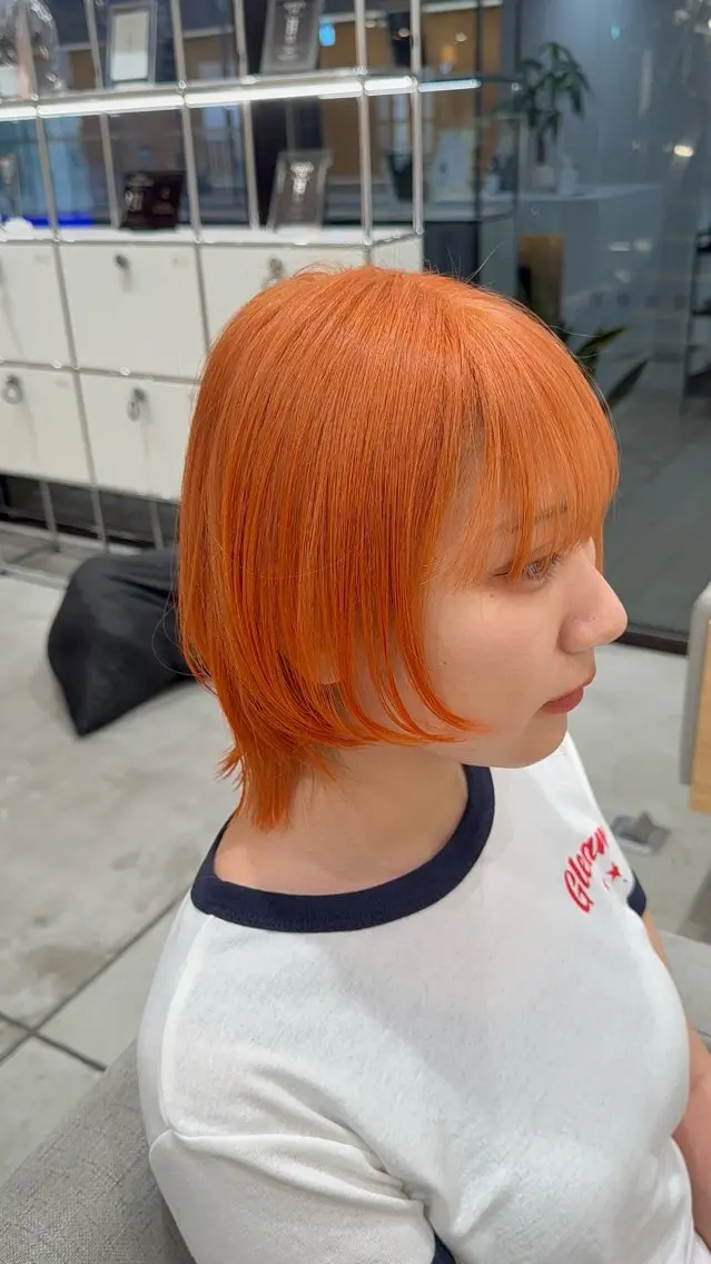 ショート カラー ブリーチ オレンジ ボブ ウルフカット ヘアカラー トリートメント 髪質改善/似合わせ/ 艶髪🧡‬‪田中颯士のヘアスタイル