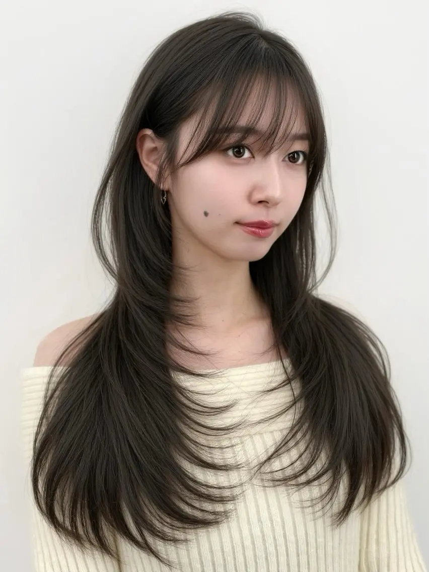 セミロング 韓国風ヘア レイヤーカット カット ヘアカラー トリートメント 失敗しない顔まわり× 小顔補正レイヤー難波のヘアスタイル