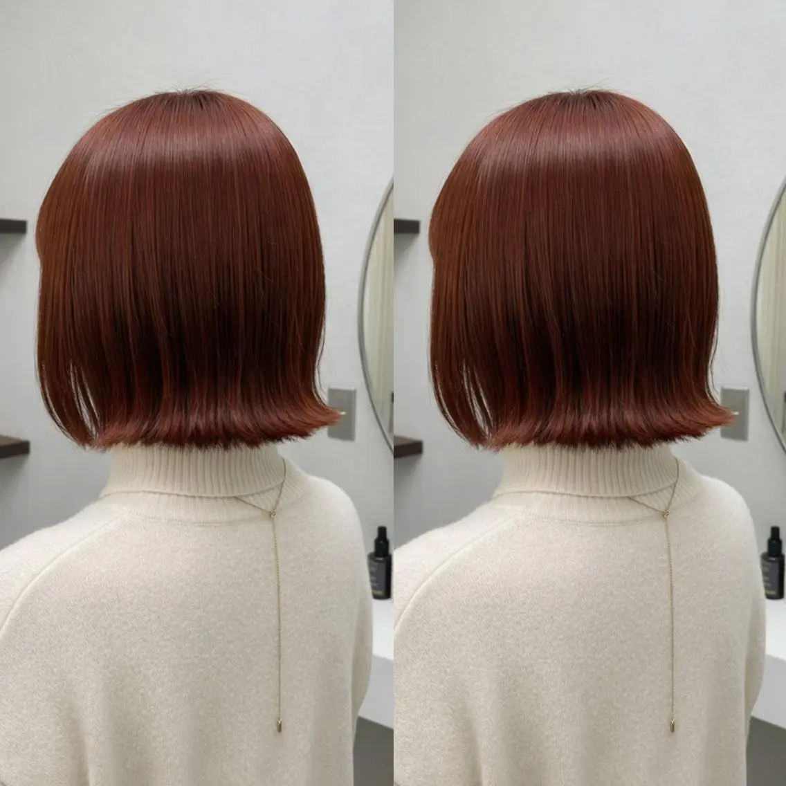 ミディアム 💕透明感赤味カラー ぱっつんボブ🩷のヘアスタイル
