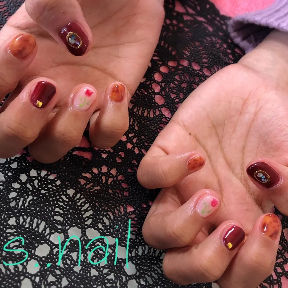 ネイル べっ甲ネイル ボルドー ピンク ハンドネイル フットネイル s..nail / MORITAのネイルデザイン