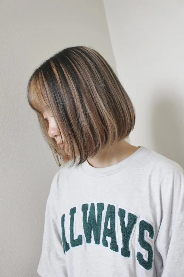ミディアム カラー ベージュカラー 黒髪 ボブ ヘアカラー 土居 正季のヘアスタイル