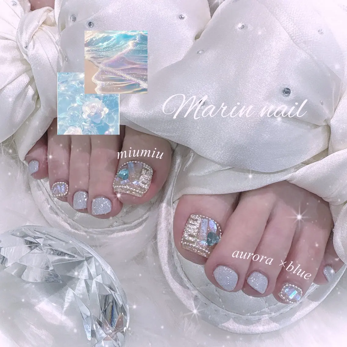 ネイル アートネイル オーロラネイル ブルー フットネイル 水色 フットネイル Marin nailのネイルデザイン