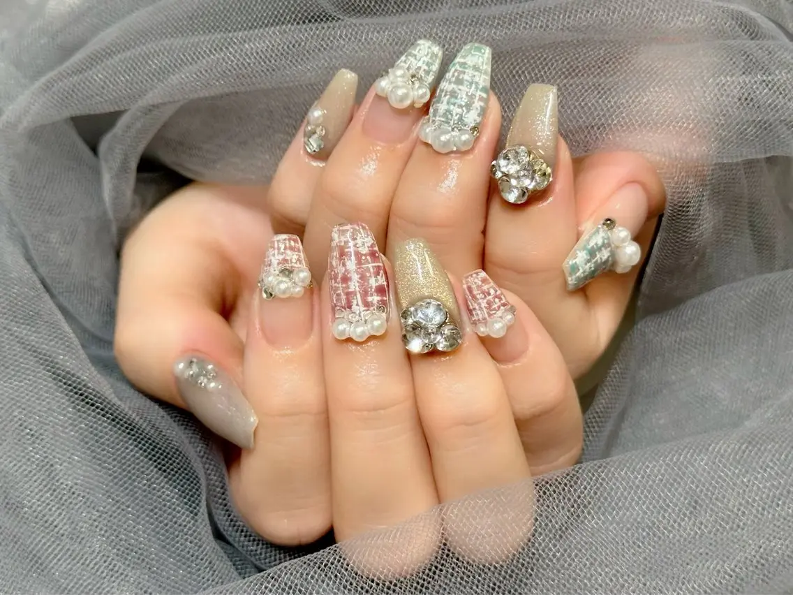 ネイル 水色 ピンク ツイードネイル ハンドネイル Nail Salon KURELLYのネイルデザイン