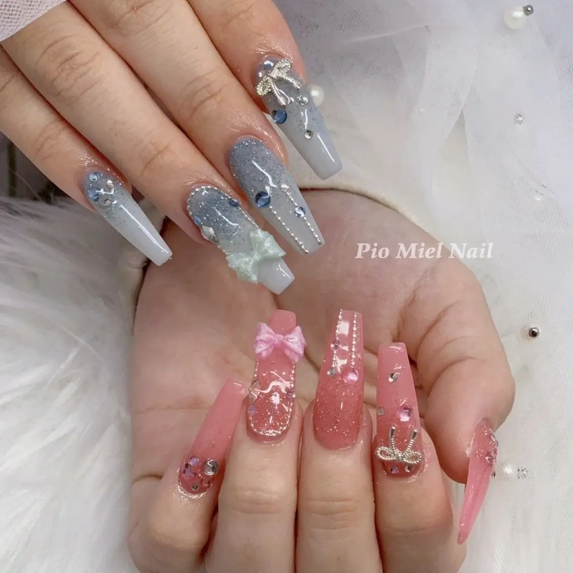 ネイル ハート ラメ(グリッター) ロングネイル 持ち込み ピンク ハンドネイル HANA 長さだしのネイルデザイン