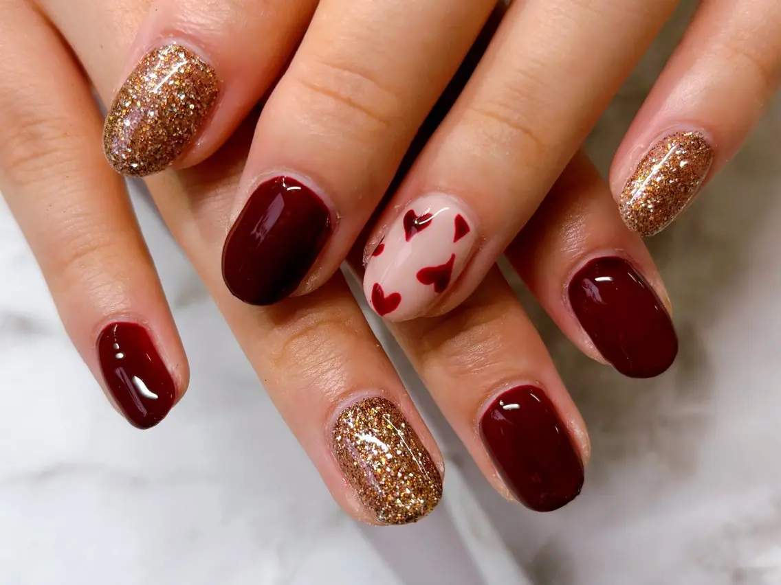 ネイル ボルドー ハート キラキラネイル ラメ(グリッター) ハンドネイル Lani🌈Nail Konatsuのネイルデザイン