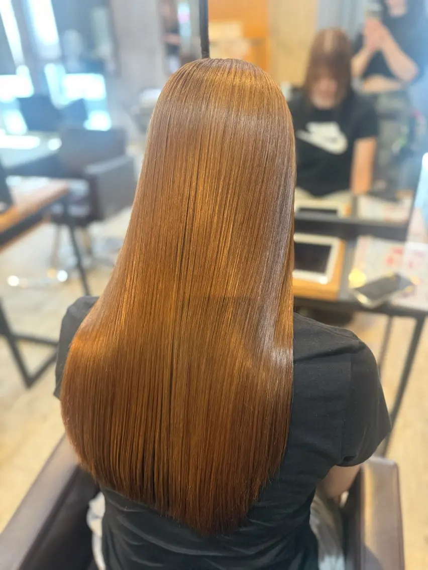 ロング カラー パーマ 縮毛矯正 ヘアカラー 梨ア./似合わせヘア /JR西宮のマツエク・マツパデザイン