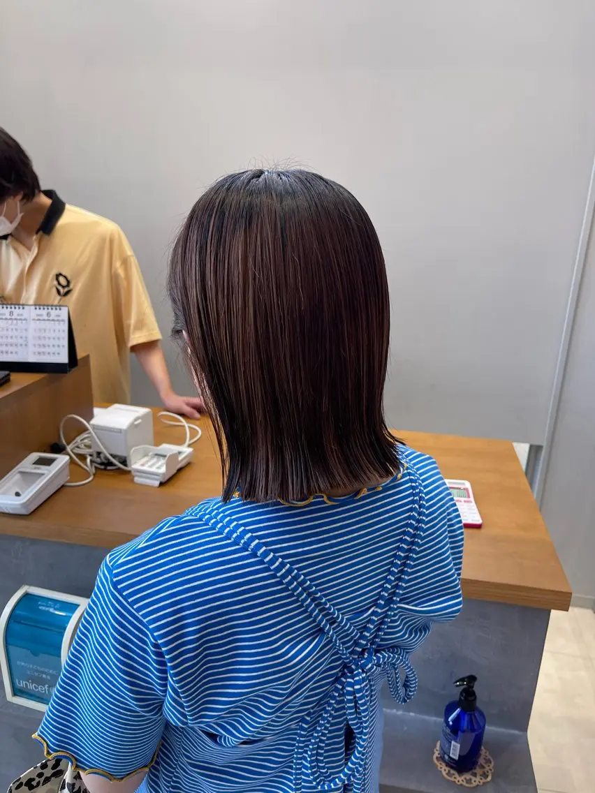 ミディアム 切りっぱなしロブ カット ヘアカラー トリートメント 石原圭悟 /ショート/艶カラーのヘアスタイル
