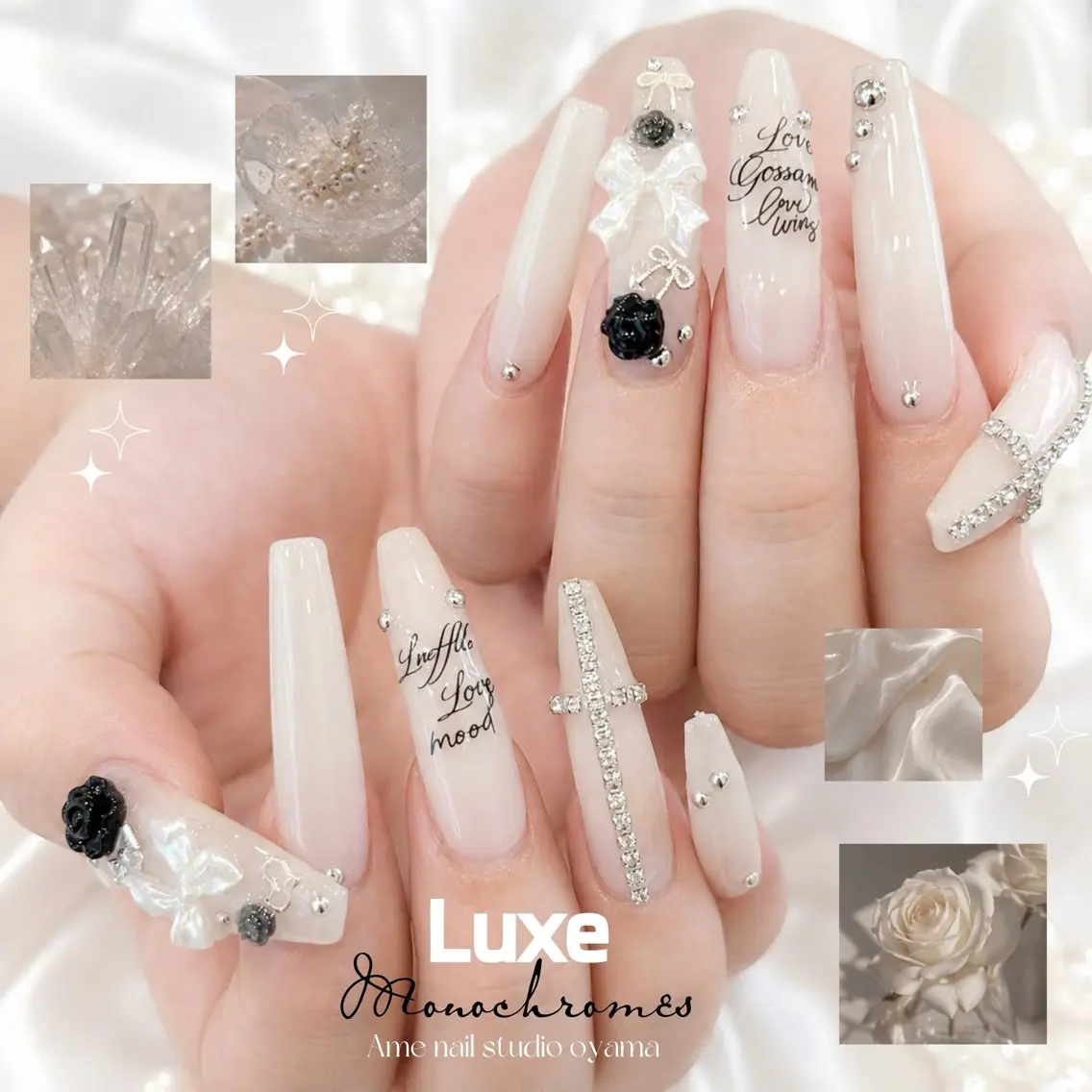 ネイル リボン ストーンネイル ホワイト ハンドネイル ハンドケア AME NAIL STUDIO小山店のネイルデザイン